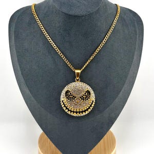 Iced out 18K Gold Plated over Stainless Steel Jack Skellington Pendant Necklace, Halloween necklace