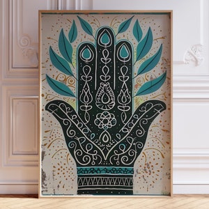 Sztuka dłoni Hamsa, Vintage Hamsa Print, Błogosławieństwo domu, Sztuka powodzenia, Ręka Fatimy, Sztuka ochrony, Ochrona przed złym okiem, Symbol święty, Karma