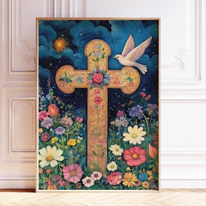 May include: A painting of a golden cross with intricate floral designs, surrounded by colorful flowers and a white dove flying above. The background is a dark blue sky with stars.
