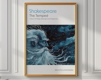 May include: A gold framed poster with a blue and white illustration of a bearded man with a stormy sky background. The poster reads "Shakespeare The Tempest A Story Of Magic, Revenge and Forgiveness Biblioteca Imaginaria".