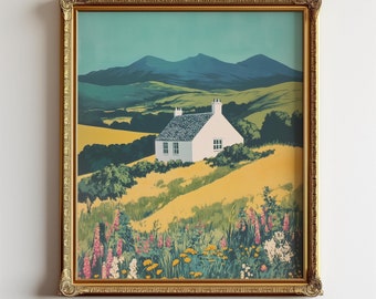 Lámina artística de una casa de campo en las Tierras Altas escocesas: Paisaje veraniego (Descarga digital)