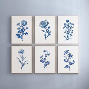 May include: Six framed botanical prints featuring blue floral illustrations on a white background. Each print showcases a different flower design, with detailed stems and leaves. The frames are a light brown color, and the overall aesthetic is classic and elegant.