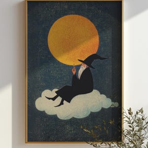 Puede incluir: Un mago con una larga barba blanca se sienta en una nube frente a una gran luna amarilla. El mago lleva una túnica negra y un sombrero puntiagudo. El fondo es azul oscuro.
