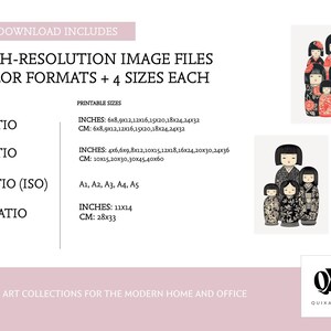 Puede incluir: Impresi&oacute;n art&iacute;stica digital con mu&ntilde;ecas Kokeshi japonesas en dos formatos de color. Incluye 8 archivos de imagen de alta resoluci&oacute;n en 4 tama&ntilde;os cada uno, con proporciones de 3x4, 2x3, 5x7 (ISO) y 11x14 pulgadas (28x33 cm).