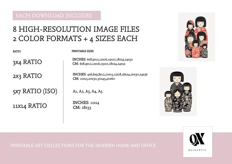 Puede incluir: Impresi&oacute;n art&iacute;stica digital con mu&ntilde;ecas Kokeshi japonesas en dos formatos de color. Incluye 8 archivos de imagen de alta resoluci&oacute;n en 4 tama&ntilde;os cada uno, con proporciones de 3x4, 2x3, 5x7 (ISO) y 11x14 pulgadas (28x33 cm).