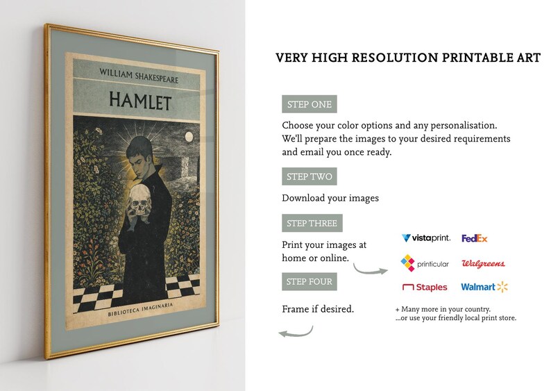 Hamlet Vintage Book Cover Print, William Shakespeare Poster, Dark ...