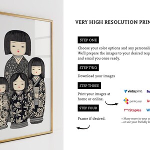 Puede incluir: Una impresi&oacute;n enmarcada con una ilustraci&oacute;n estilizada de cinco mu&ntilde;ecas Kokeshi japonesas. Las mu&ntilde;ecas est&aacute;n representadas en blanco y negro con patrones florales y geom&eacute;tricos en sus kimonos. La impresi&oacute;n est&aacute; etiquetada como "VERY HIGH RESOLUTION PRINTABLE ART".