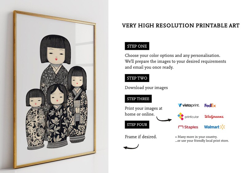 Puede incluir: Una impresi&oacute;n enmarcada con una ilustraci&oacute;n estilizada de cinco mu&ntilde;ecas Kokeshi japonesas. Las mu&ntilde;ecas est&aacute;n representadas en blanco y negro con patrones florales y geom&eacute;tricos en sus kimonos. La impresi&oacute;n est&aacute; etiquetada como "VERY HIGH RESOLUTION PRINTABLE ART".