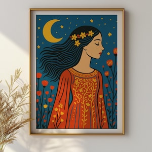 May include: A framed art print featuring a woman with long black hair and a floral crown, set against a starry night sky with a crescent moon. The woman wears a red dress with gold floral patterns, surrounded by red and yellow flowers.