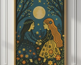 Moonlit Sisterhood Art Print: Boho Witchy Illustration (Digital Download)