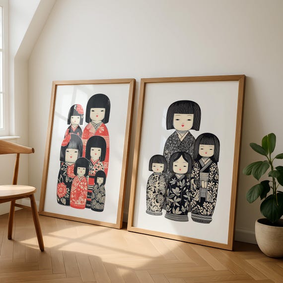 Kokeshi Doll Art Prints Set, Minimalist Japandi  Decor (Digital Download)