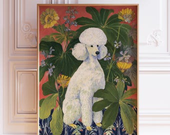 May include: A framed art print featuring a white poodle seated amidst lush greenery and yellow flowers against a red backdrop. The poodle has a fluffy coat and is surrounded by large green leaves and delicate blooms. The bottom border has a blue and white pattern.