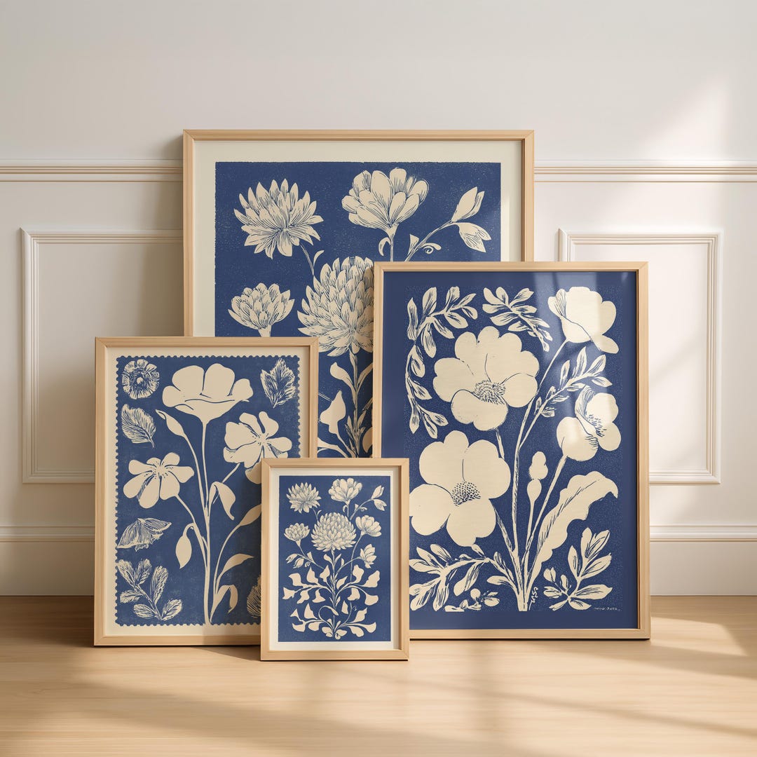 Blue Botanical Print Set | Vintage Floral Wall Art (digital Download ...