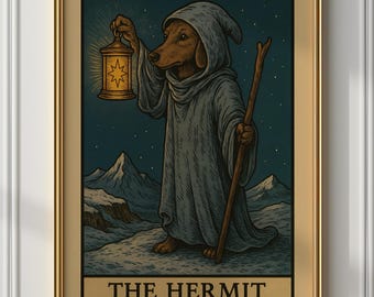 Tarotkaartprint teckel als heremiet: vintage hondenkunst (digitale download)