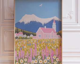 Iceland Pastel Landscape Art Print: Nordic Scandi Village (Digital Download)