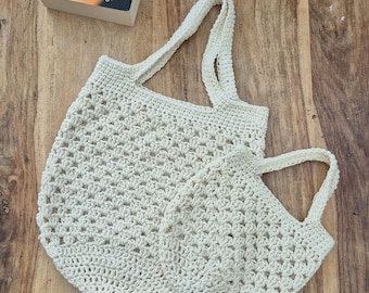 Conjunto de dos bolsos de ganchillo hechos a mano / Bolso tote y minibolso a juego / Bolsos de hombro de algodón estilo boho / Bolso tote ecológico para el día a día