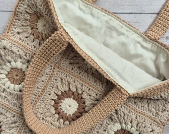 Bolso de mano de ganchillo estilo abuela con cuadrados / Bolso de hombro neutro hecho a mano / Bolso de mano bohemio de ganchillo / Bolso de mercado floral estilo abuela con cuadrados / Regalo ecológico