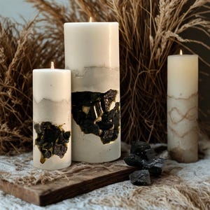 Black Tourmaline Handmade Concrete Candle/ 45hr/ Raw cement base/ Natural crystals embedded