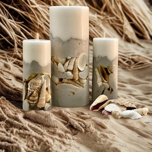 Seashells Handmade Concrete Candle/  45hr/  Raw cement base/  Natural crystals embedded