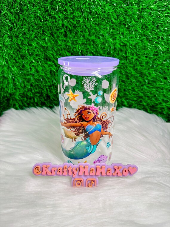 Little Mermaid Glass Cup Acrylic Lid 16oz UV DTF 