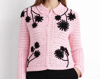 Pink Crochet Cardigan With Black Floral Detail - Etsy
