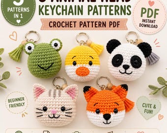 5 schemi per portachiavi all'uncinetto a forma di testa di animale, pacchetto PDF Amigurumi (download immediato)