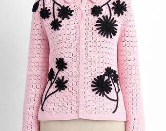 Pink Crochet Cardigan With Black Floral Detail - Etsy
