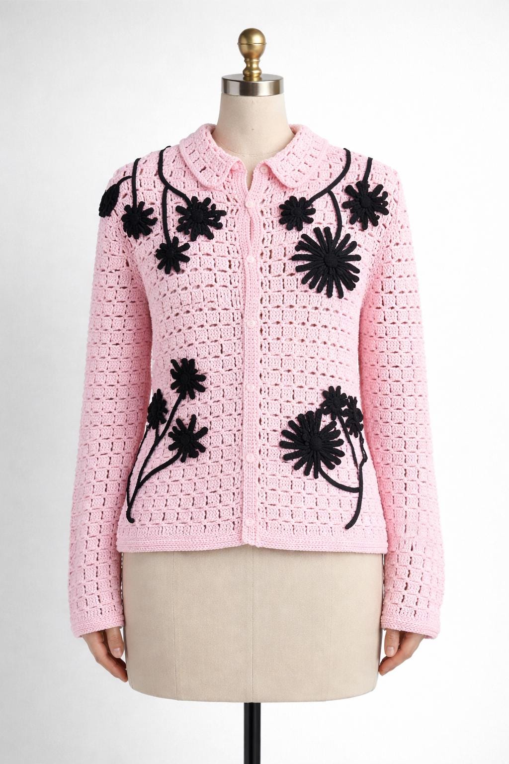 Pink Crochet Cardigan With Black Floral Detail - Etsy