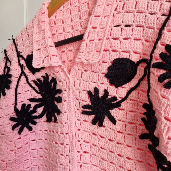 Handmade Pink Crochet Cardigan With Black Floral Detail - Etsy