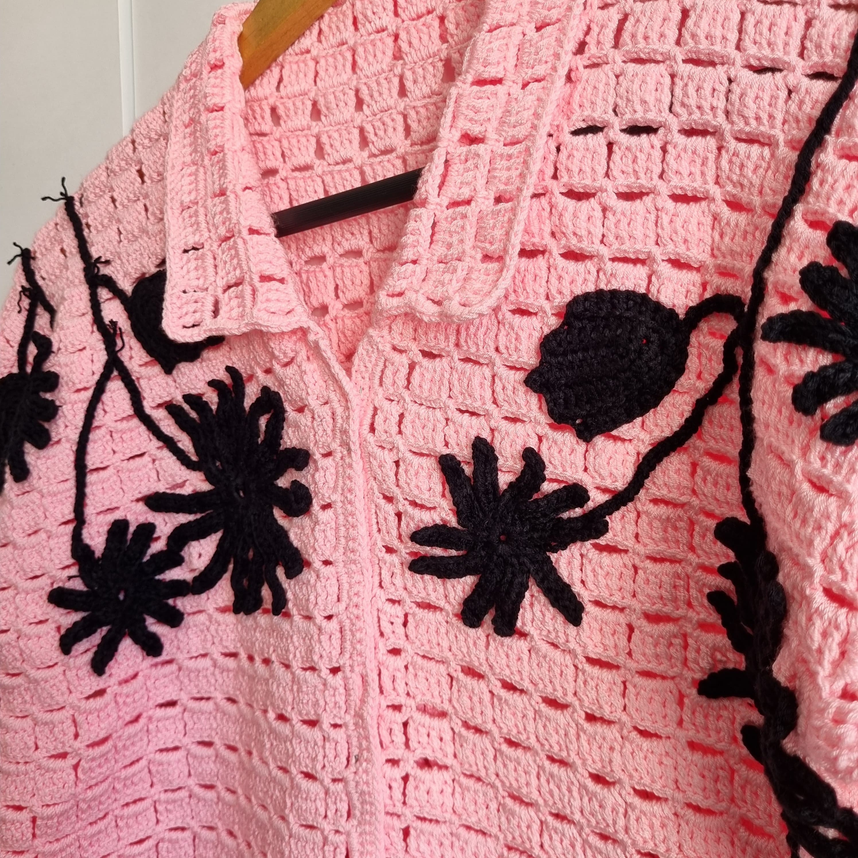 Pink Crochet Cardigan With Black Floral Detail - Etsy