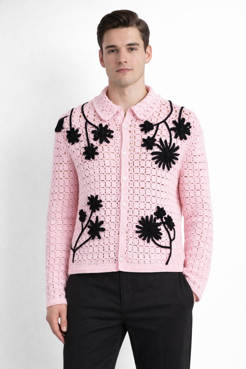 Pink Crochet Cardigan With Black Floral Detail - Etsy