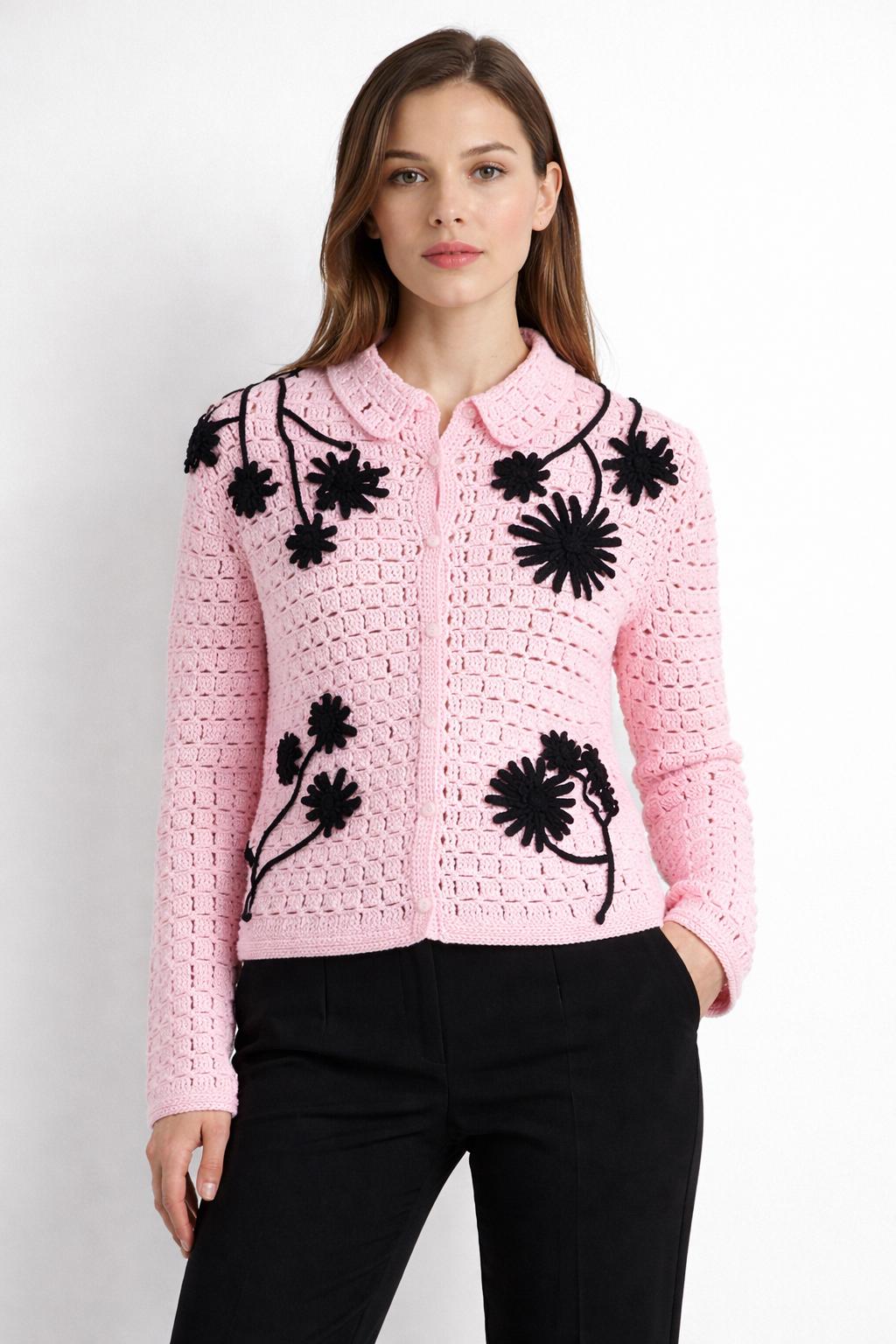 Pink Embroidery × Black Knit Cardigan Pink Crochet Cardigan With Black Floral Detail - Etsy