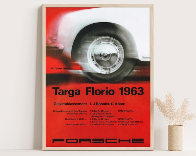 Porsche Poster | Vintage Porsche Targa Florio 1963 Print | Race Car Poster | Race Car Advertisement | 60s Mid Century Decor Wall Art Print