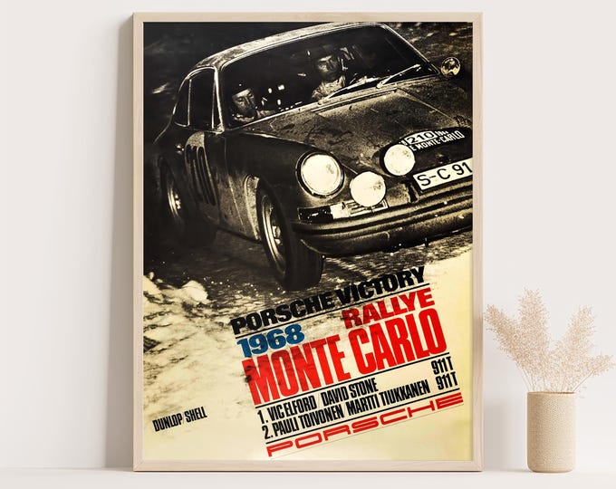 Porsche Poster | Vintage Porsche 911 Rally Poster | 1968 Monte Carlo Rally Race Car Poster | Mid Century Wall Art Print | Living Room Decor