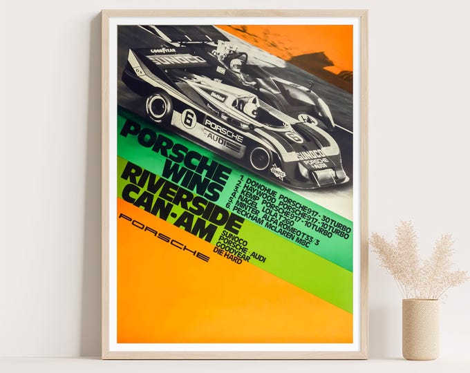 Porsche Poster | Vintage Porsche 1973 Poster | Porsche Wins Riverside Can-Am Car Poster | Mid Century Wall Art Print | Living Room Decor
