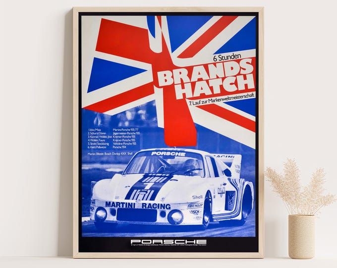 Porsche Poster | Vintage Porsche Poster Brands Hatch 1977 | Race Car Poster | Mid Century Wall Art Print | Vintage Poster Car Ad Prints