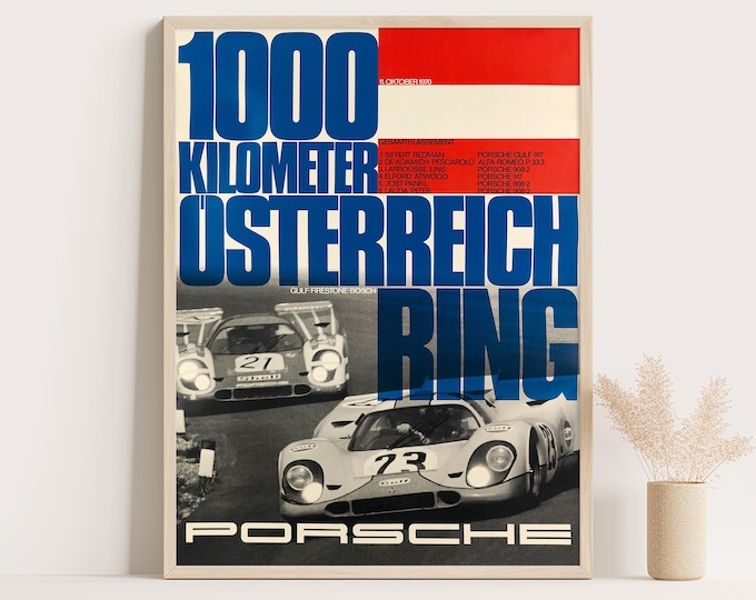 Porsche Poster | 1970 Vintage Porsche Poster |  1000Km Austria Race Car Poster | Mid Century Wall Art Print | 70s Living Room Decor