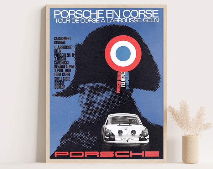 Porsche Poster | Vintage Porsche 911 Poster | 1969 Rally Corsica Race Car Poster | Mid Century Wall Art Print | 60s Living Room Decor