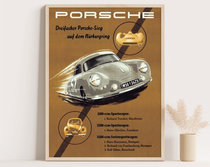 Porsche Poster | Vintage Porsche Print | Porsche Wall Art | 1950s Nurburgring Race Car Poster | Mid Century Vintage Porsche Car Ad