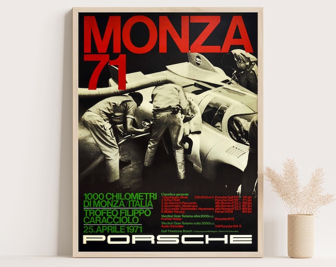 Porsche Poster | Vintage Poster 1971 Monza 1000km | Race Car Poster | Mid Century Wall Art Print | Vintage Poster Car Ad Prints
