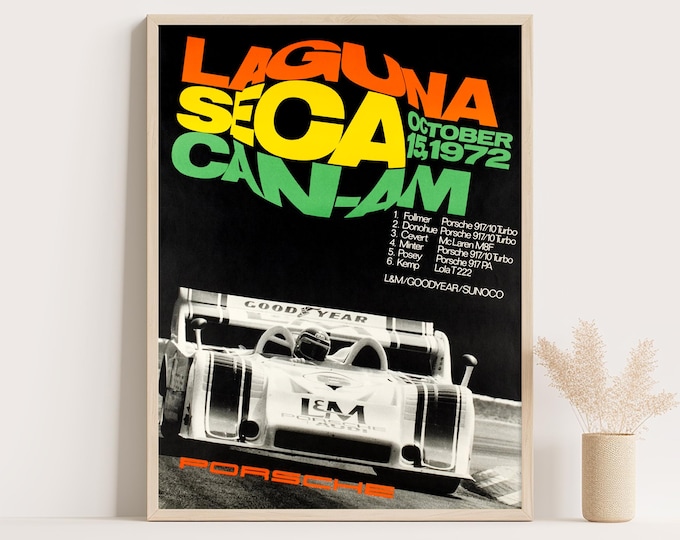 Porsche Poster | Vintage Porsche Poster 1972 | Laguna Seca Can-Am Race Car Poster | Mid Century Wall Art Print | Room Decor | Office Decor