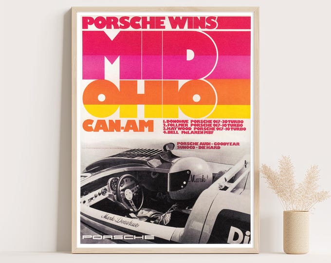 Porsche Poster | Vintage Porsche Can-Am Mid Ohio Poster | Race Car Poster | Mid Century Wall Art Print | Living Room Decor | Office Decor
