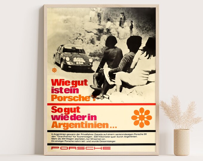 Porsche Poster | Vintage Porsche Poster Rally Argentina 1967 | Race Car Poster | Mid Century Wall Art Print | Vintage Poster Car Ad Prints