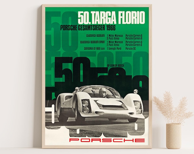 Porsche Poster | Vintage Porsche Targa Florio Poster | 1966 Race Car Poster | Mid Century Wall Art Print | 60s Living Room Decor
