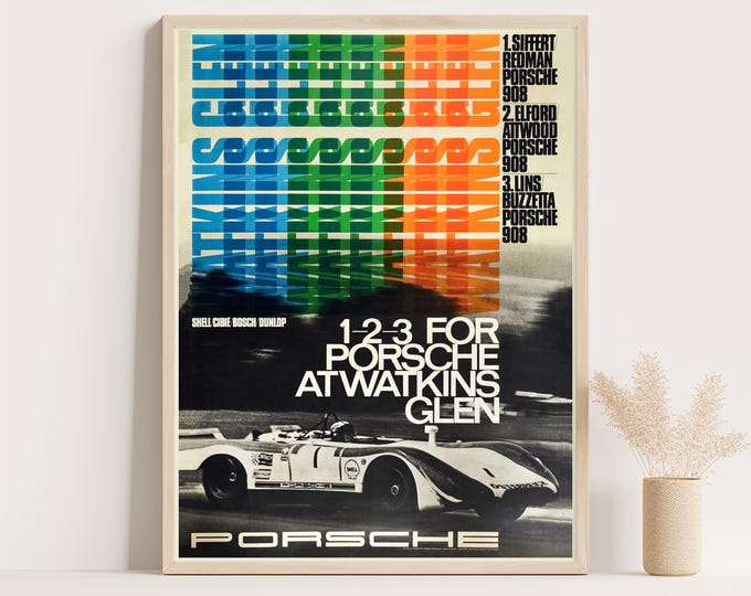 Porsche Poster | Vintage Porsche Poster Watkins Glen 1969 1-2-3 For Porsche | Race Car Poster| Mid Century Wall Art Print | Vintage Poster