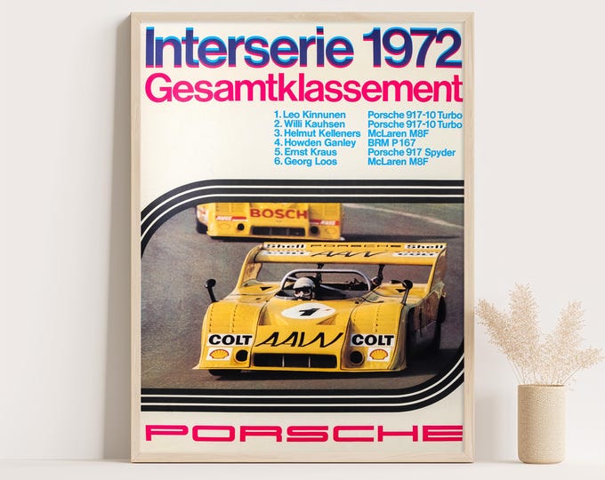 Porsche Poster | Vintage Porsche Poster 1972 | Interserie Race Car Poster | Mid Century Wall Art Print | Living Room Decor | Office Decor