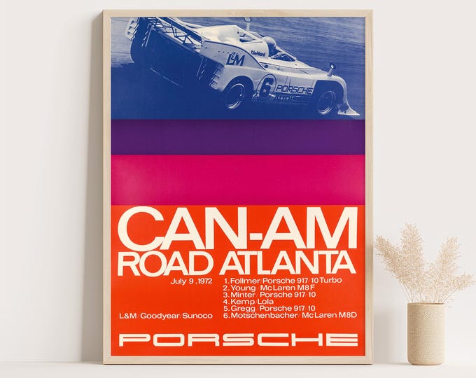 Porsche Poster | Vintage Porsche Poster 1972 | Can-Am Road Atlanta Race Car Poster | Mid Century Wall Art Print | Room Decor | Office Decor