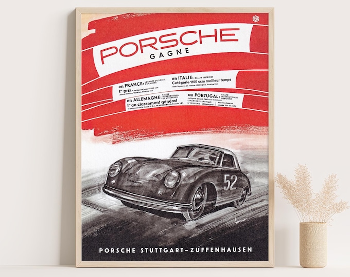 Porsche Poster | Vintage Porsche Wins 1950s Poster | Race Car Poster | Mid Century Wall Art Print | 50s Living Room Decor | Office Decor