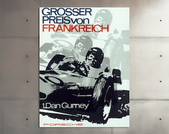 Vintage Porsche Grand Prix France 1960s Motorsport Poster: Mid-Century Race Car Print