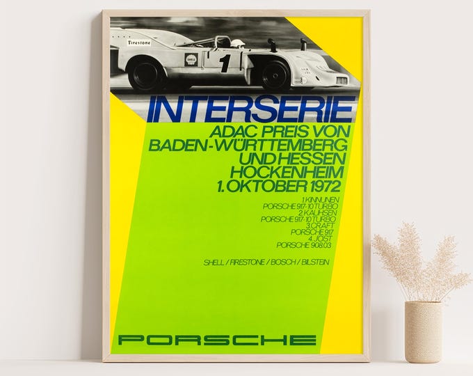 Porsche Poster | Vintage Porsche Poster 1972 | Hockenheim Car Poster | Mid Century Wall Art Print | Living Room Decor | Office Decor